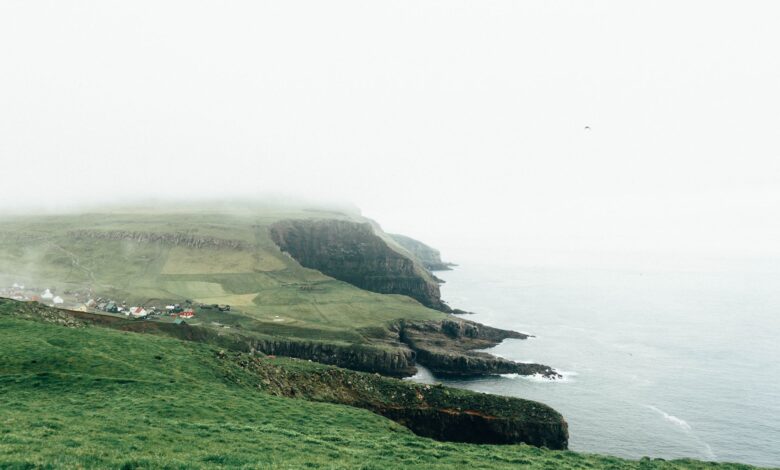 Fog rolling over a lush green coastal cliff during monsoon season in Dhofar, Oman