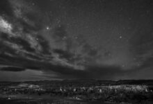 Starry night sky over the Atacama Desert with the Milky Way visible above a dry landscape