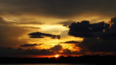 Wide view of a calm African lake at sunset with mountains visible in the distance