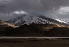 Remote mountain valley in the Pamir range with a river running through rugged terrain