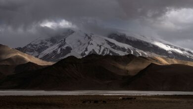 Remote mountain valley in the Pamir range with a river running through rugged terrain