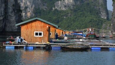 Stilted wooden houses over calm lake water in a traditional floating village