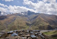 Stone tower village perched on a Caucasus mountain ridge in Georgia's Tusheti region