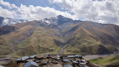 Stone tower village perched on a Caucasus mountain ridge in Georgia's Tusheti region