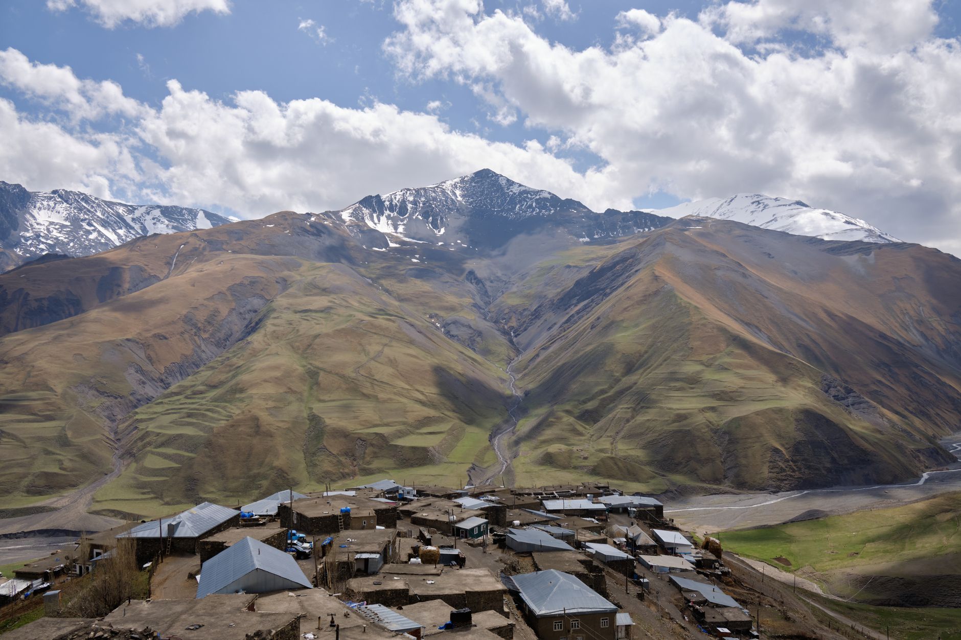 Stone tower village perched on a Caucasus mountain ridge in Georgia's Tusheti region