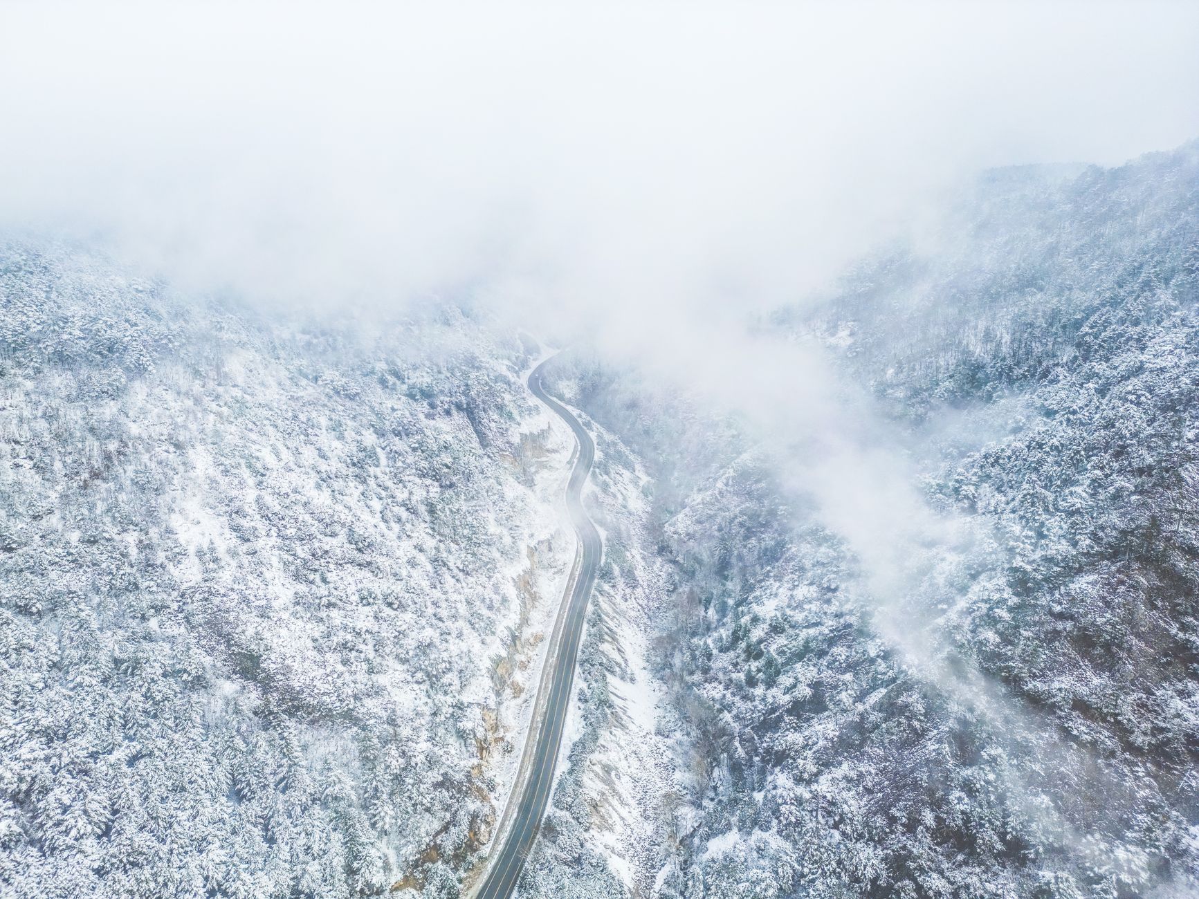 A narrow mountain road disappearing into thick cloud and fog on a steep Andean slope