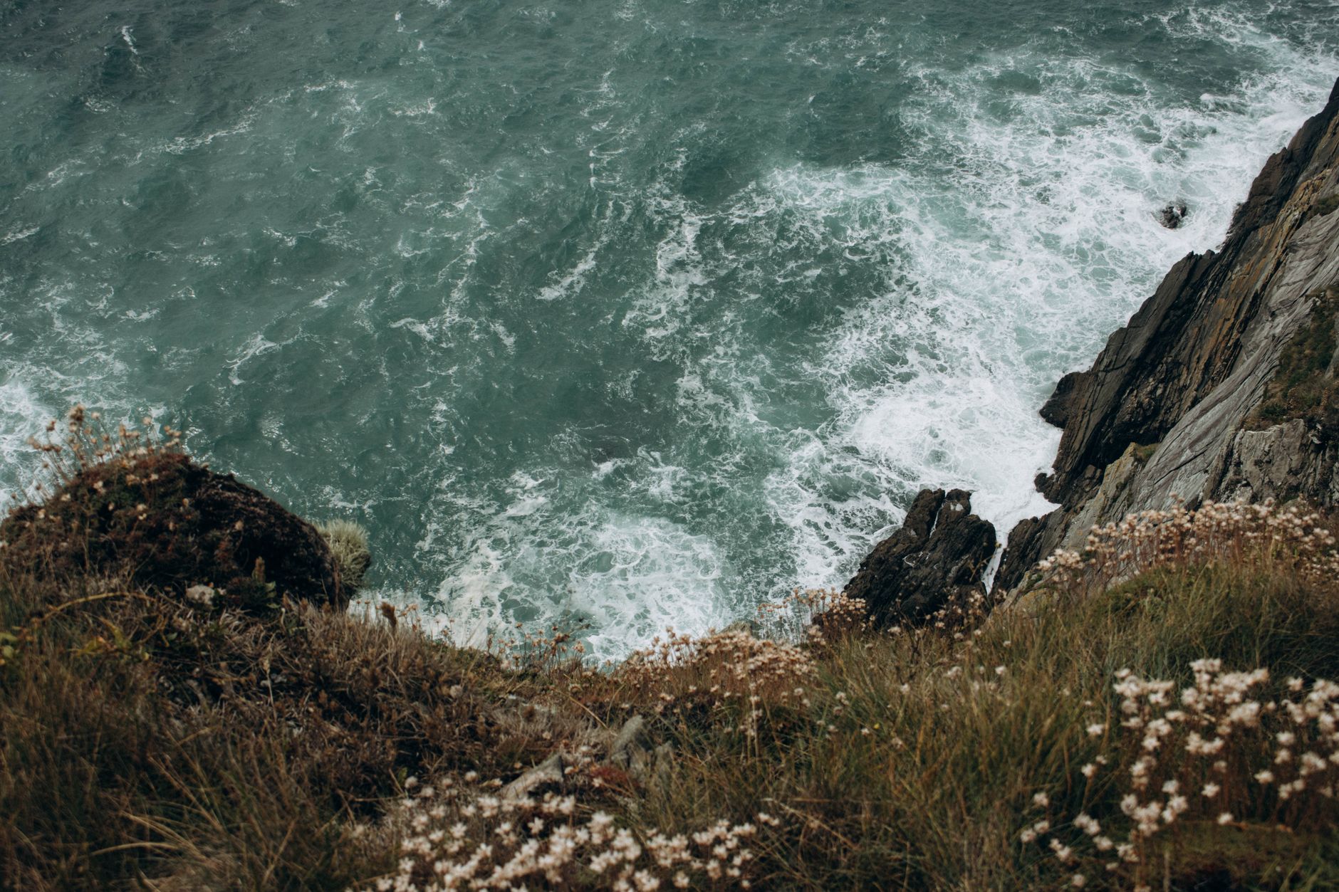 Wind-swept coastal cliffs overlooking a turbulent sea under overcast skies