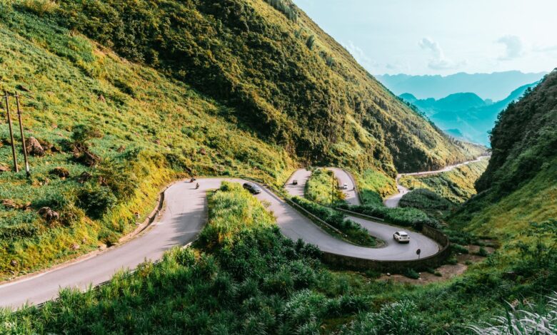 Winding mountain road through dramatic karst landscape in northern Vietnam