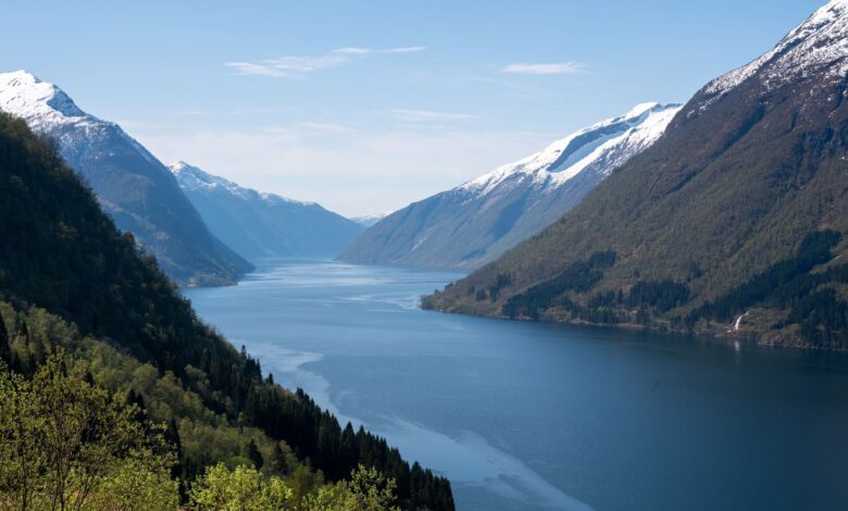 Narrow tropical fjord inlet surrounded by dense jungle in Papua New Guinea