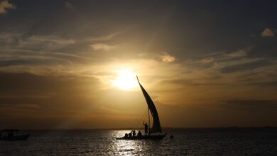 A traditional wooden dhow sailing on calm Indian Ocean waters near an archipelago coastline