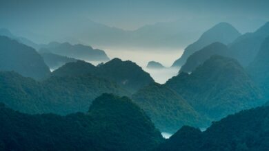 Lush green mountain landscape covered in monsoon mist in southern Oman