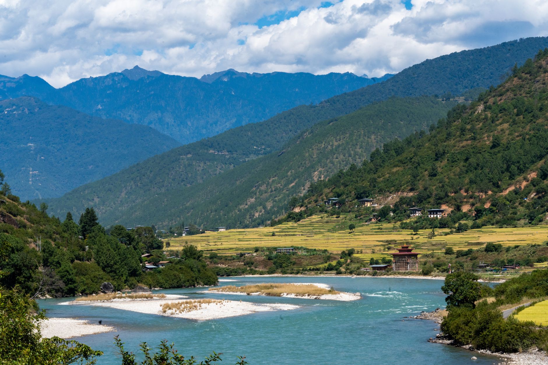 Wide green valley floor in Bhutan surrounded by pine-forested mountain ridges under soft morning light