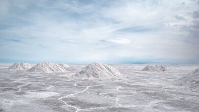 Vast white salt flats of the Salar de Uyuni stretching to the horizon under a blue sky