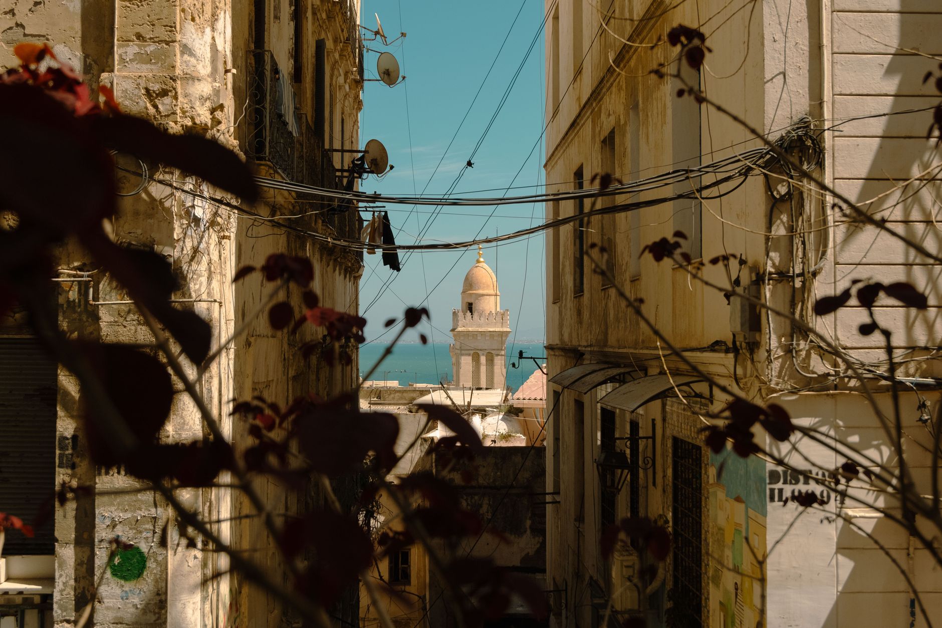 Whitewashed alleyway with blue doors in a North African medina