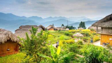 A remote highland village in Myanmar surrounded by forested hills