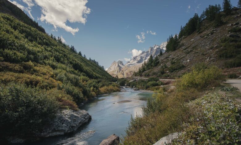 A narrow mountain valley with a river running through remote Central Asian terrain