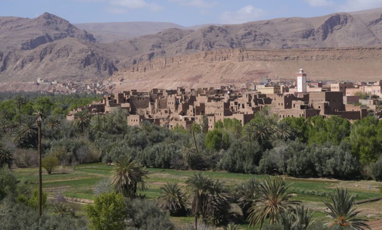 Ancient mud-brick kasbah fortress rising against a desert sky in Morocco's Draa Valley