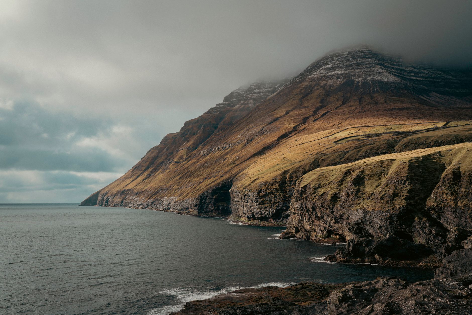 Dramatic coastal cliffs of the Faroe Islands with Atlantic Ocean below under overcast skies
