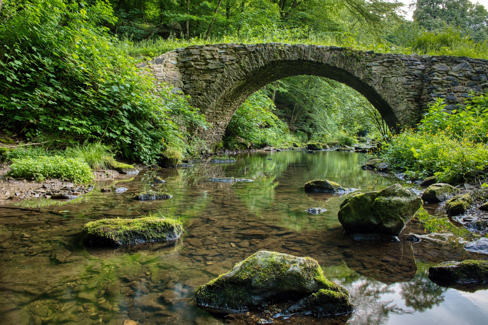 Ancient stone arch bridge crossing a clear mountain river in a forested Greek gorge