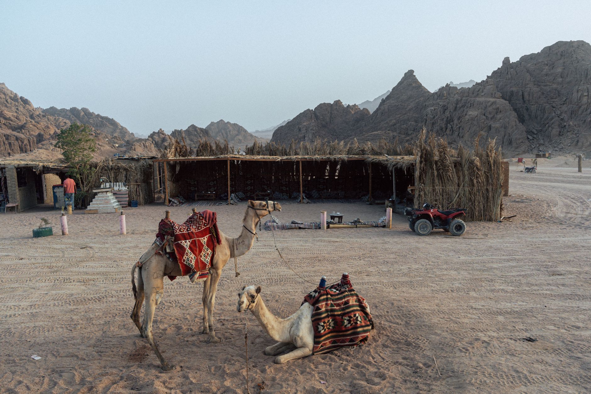 Traditional Bedouin camp set against rust-colored sand dunes in a remote desert landscape