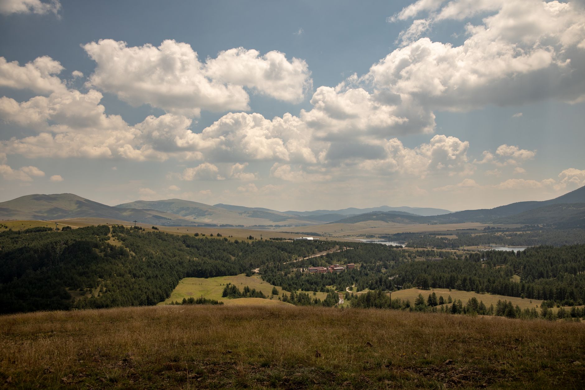 Rolling green meadows and forested ridges on the Zlatibor plateau in western Serbia