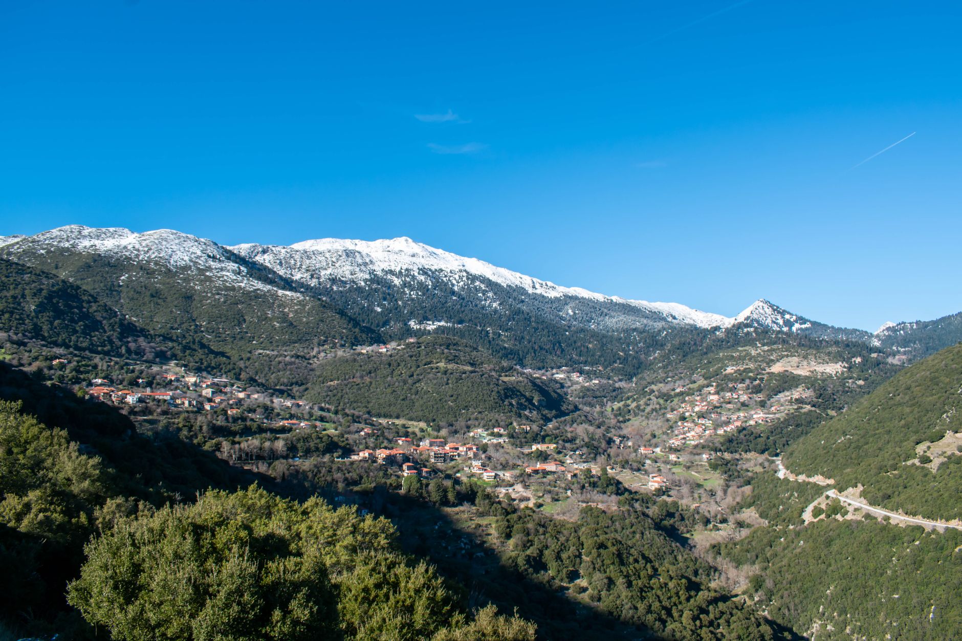 Traditional grey stone village buildings on a forested hillside in the Zagori region of Greece