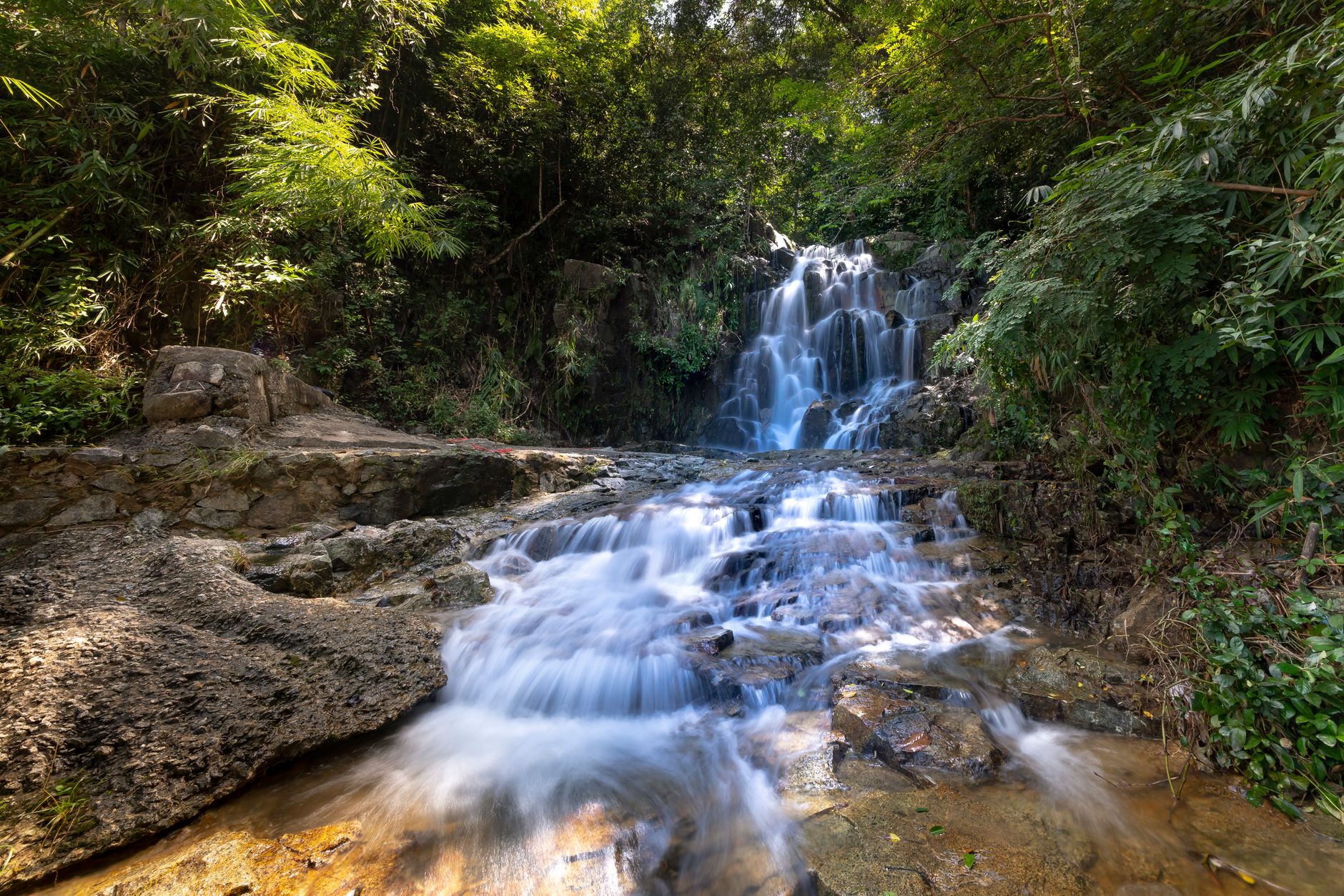 A tall waterfall cascading through dense green forest on the Bolaven Plateau near coffee farming areas