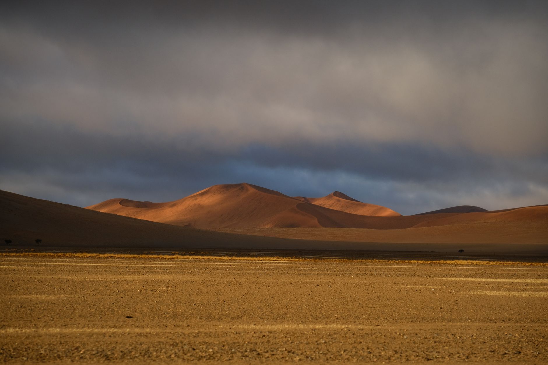 Vast arid Namibian desert landscape stretching toward the Atlantic coast under an overcast sky