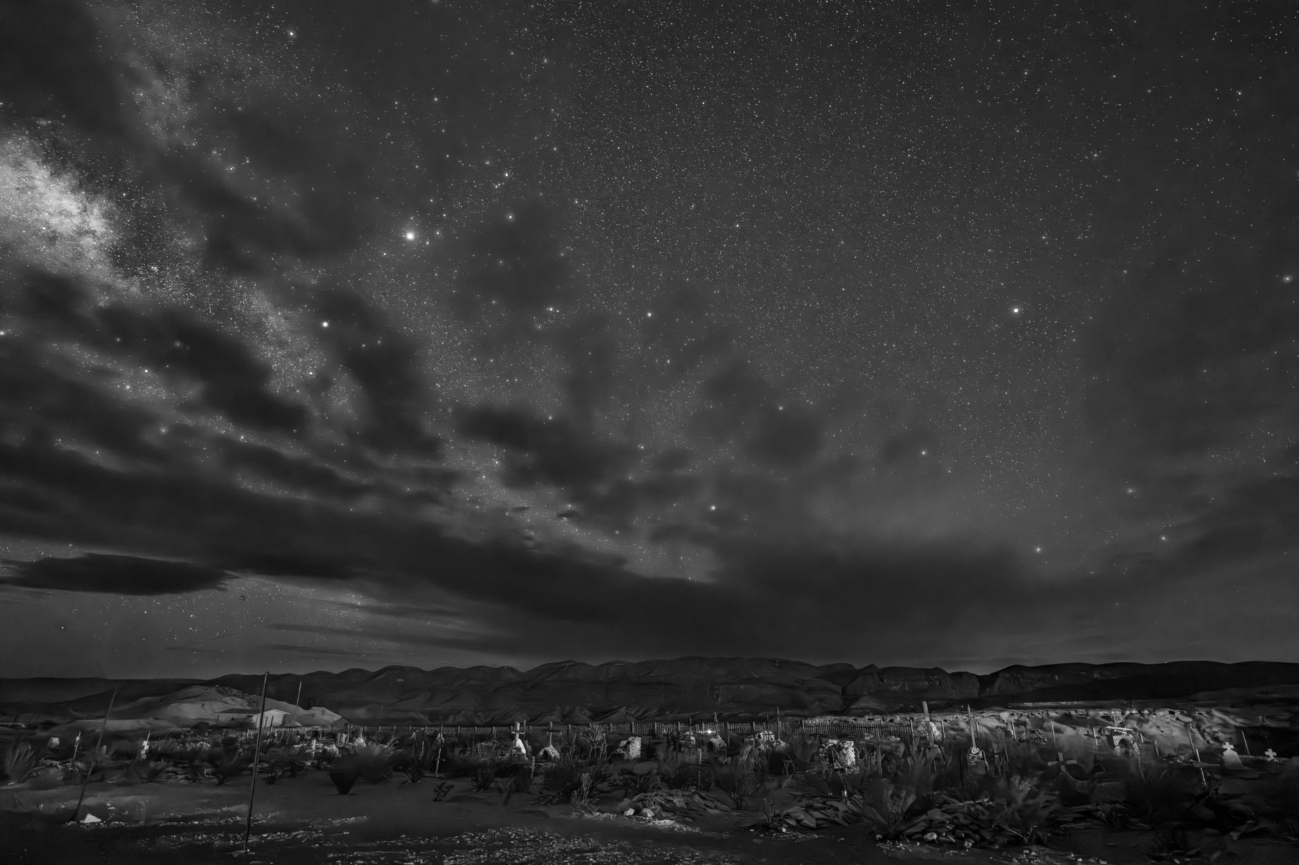Clear night sky filled with the Milky Way over a vast open desert landscape