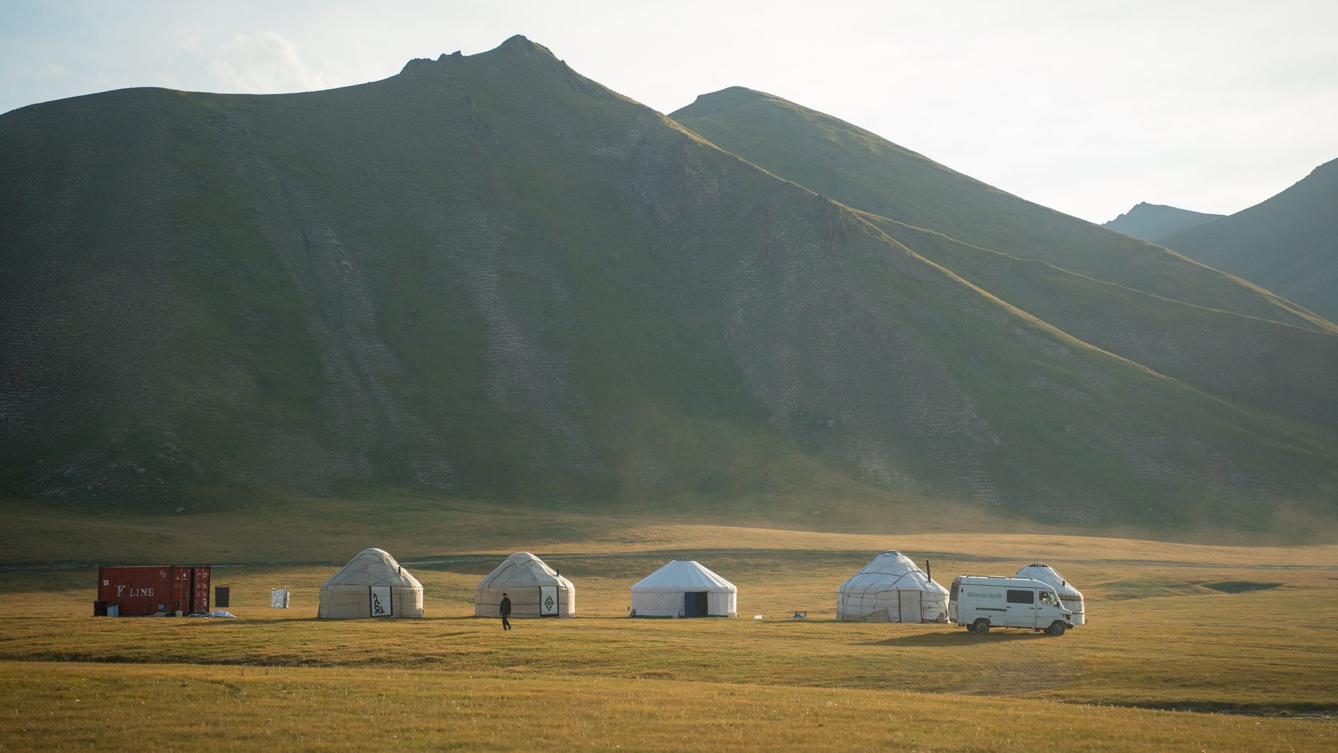 Traditional yurt camp set against snow-capped mountains in a high-altitude landscape