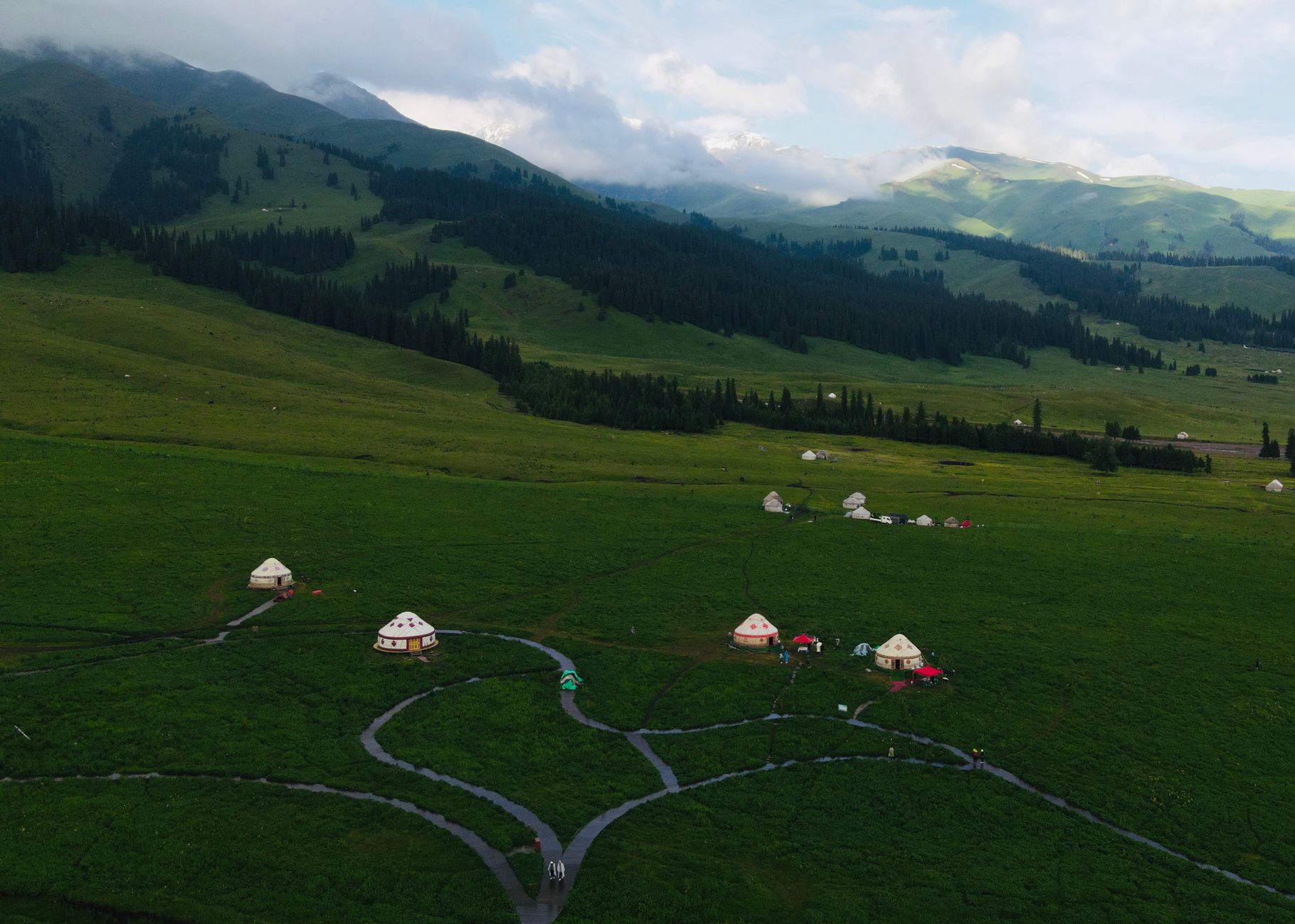 Traditional yurt nestled among walnut trees in a Central Asian mountain village
