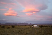 Wide open Mongolian steppe landscape with rolling green hills and blue sky