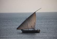 A traditional wooden dhow sailing across calm Indian Ocean waters near a coral island