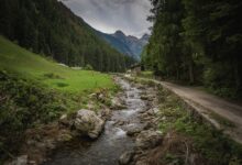 Clear mountain river flowing through a remote alpine valley with forested slopes