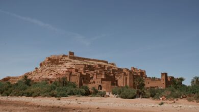 Ancient earthen kasbah fortress rising above a palm grove in Morocco's Draa Valley