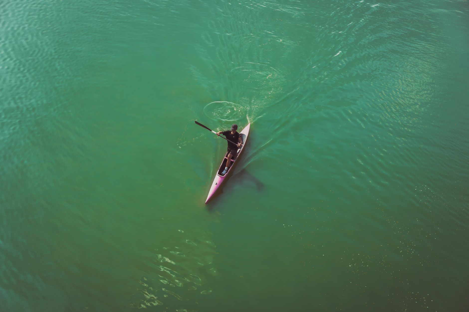Travelers paddling a canoe on a wide African river at sunrise with wildlife on the bank