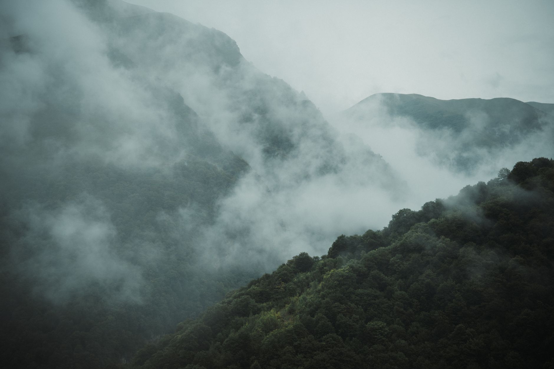 Misty highland valley with rolling green hills disappearing into low cloud cover