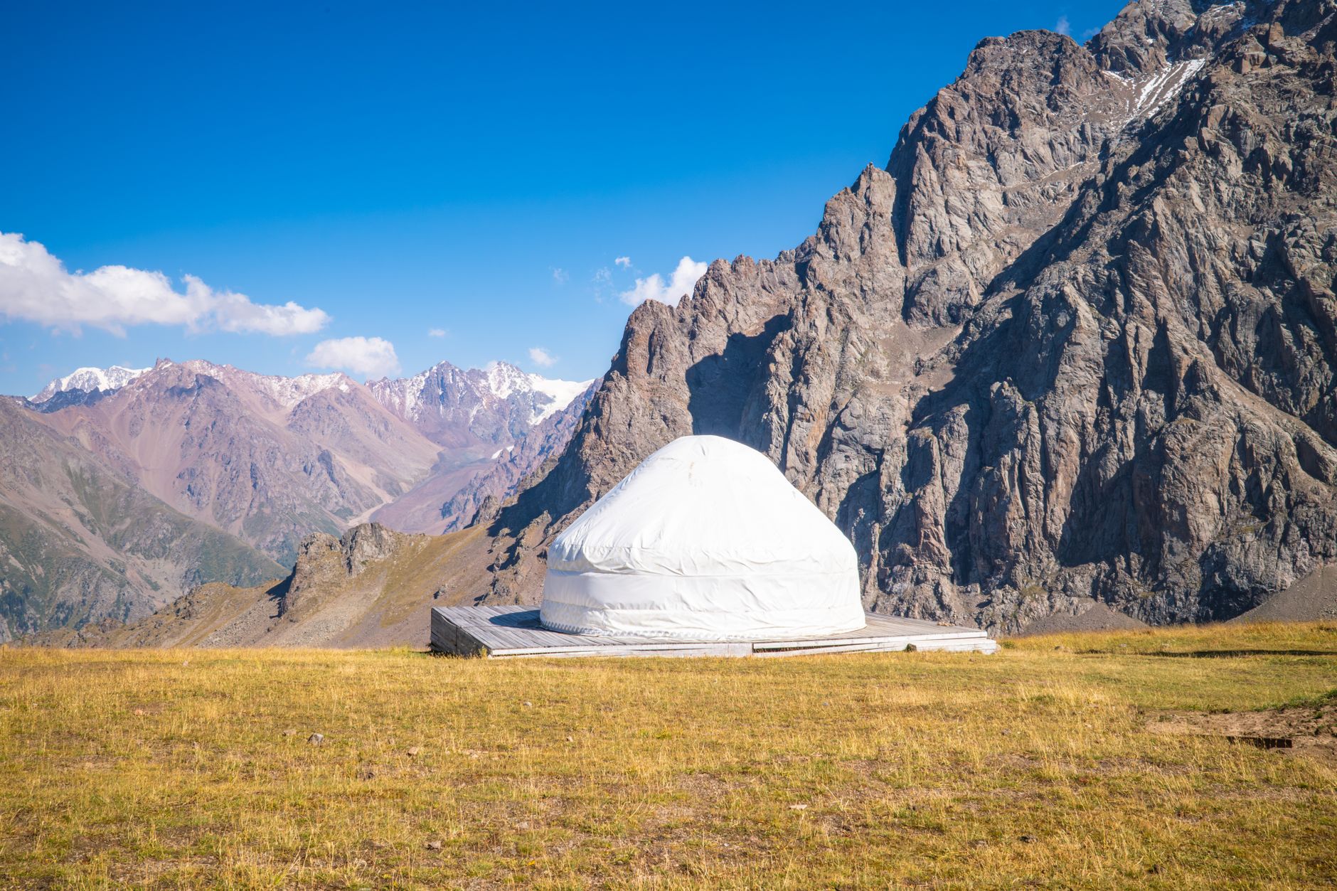 Traditional yurt camp on high-altitude summer pasture in Central Asian mountains