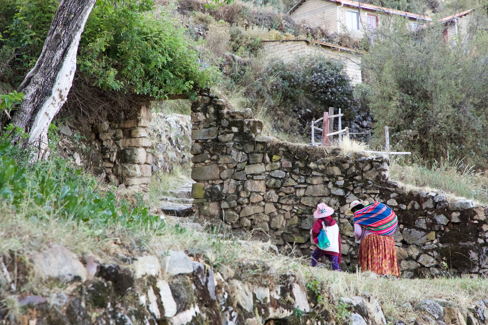 Small Andean village perched on a forested hillside with cloud cover in the valley below