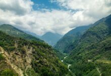 A remote Himalayan valley with terraced fields and snow-capped peaks in Nepal