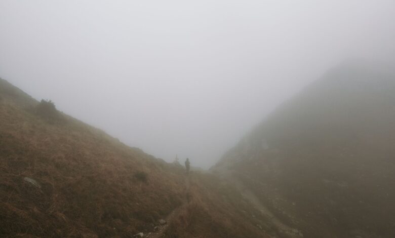 A narrow hiking trail disappearing into dense mist on a green mountain ridge