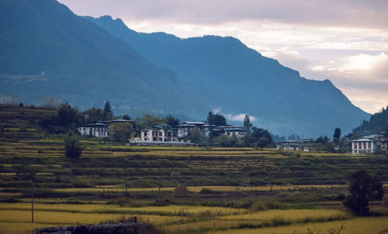 Forested mountain valley in Bhutan with traditional village buildings along a river