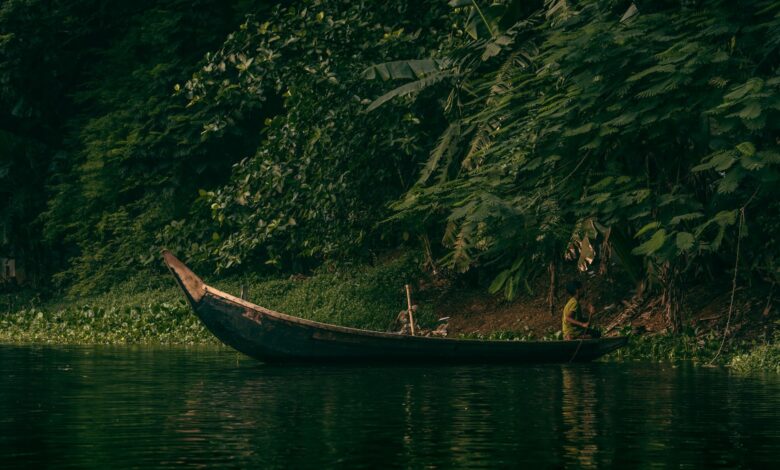 A dugout canoe navigating a narrow jungle river in lowland Papua New Guinea