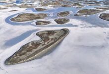 Aerial view of a white salt lake surrounded by volcanic rock in a desert landscape