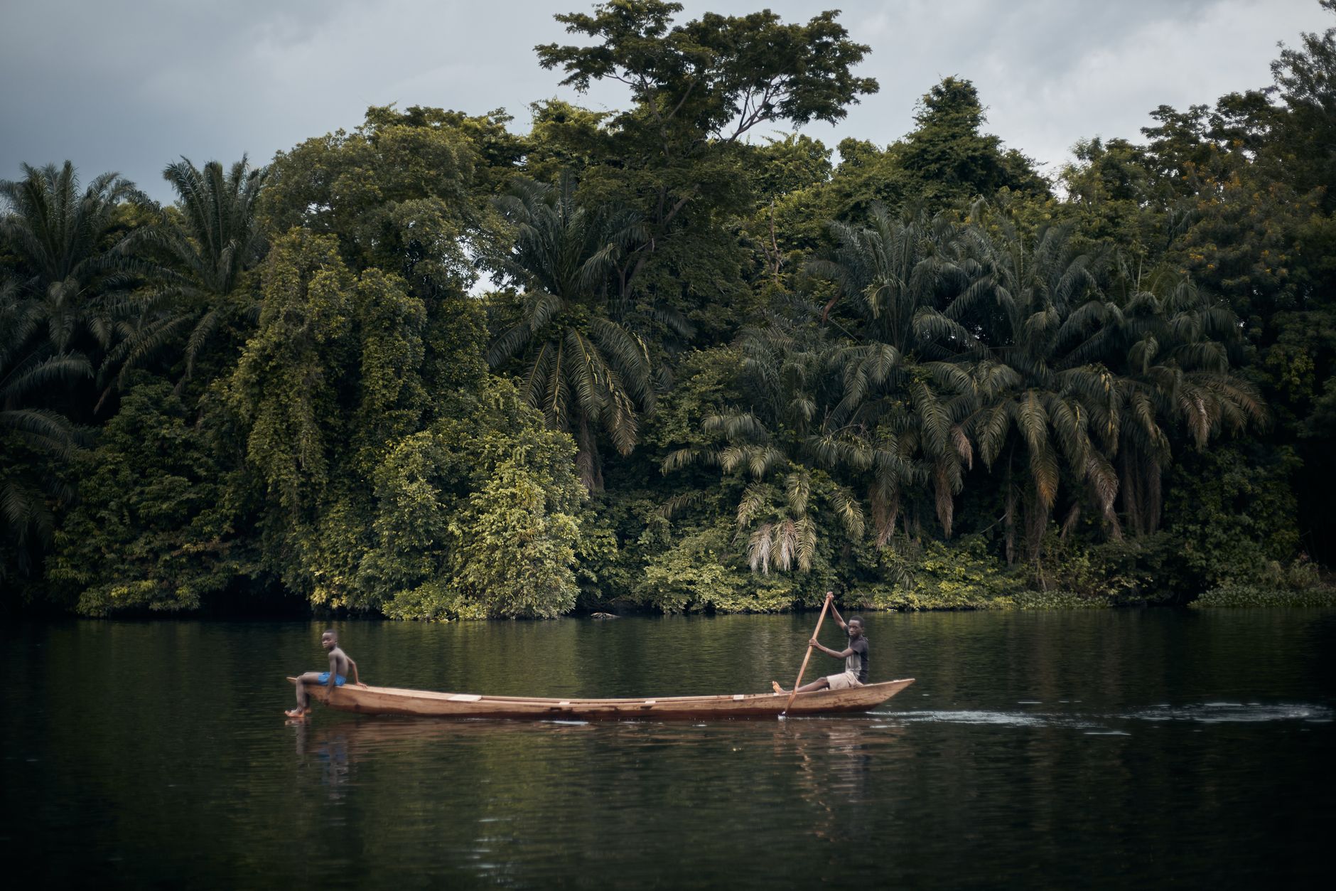 A narrow dugout canoe moving silently through calm shallow water surrounded by reeds