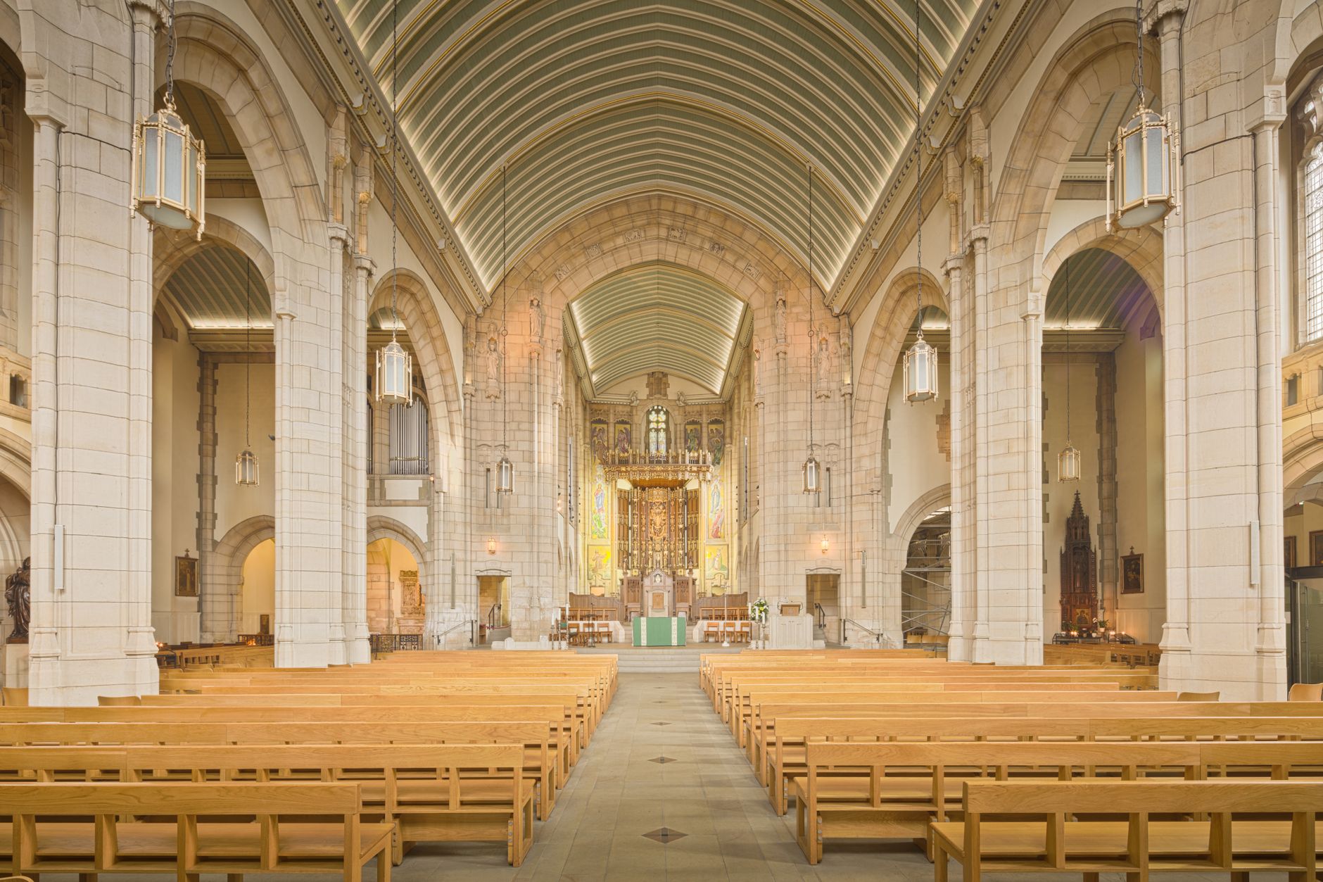 Interior of a stone cathedral with vaulted Gothic ceiling in Africa